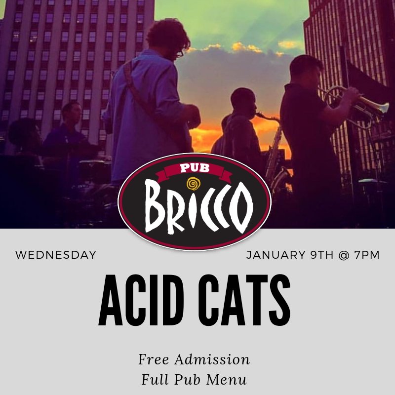 PubBricco's tweet photo. Come by Pub Bricco tomorrow to hear the energetic quintet, Acid Cats! They will be returning for Jazz Night! Doors open at 6pm, admission is free, and our full pub menu will be served! #akronmusicscene #jazznight https://t.co/ViUSiIzNSI https://t.co/bUo7Kol9WH