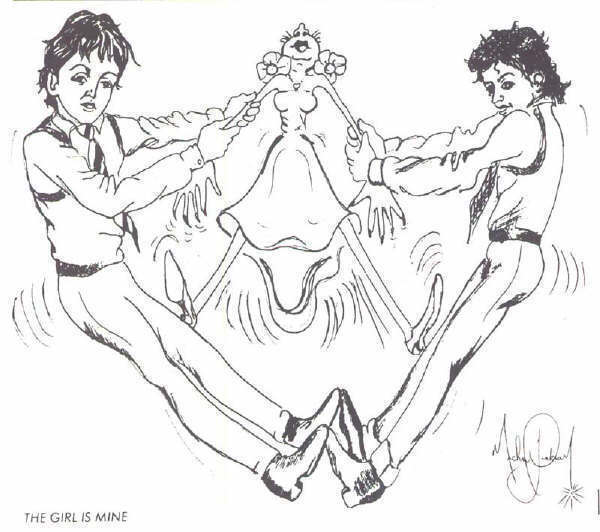 michaeljackson's tweet photo. “The Girl is Mine,” Michael’s duet with Paul McCartney from Thriller reached #2 on the Billboard Hot 100 on January 8, 1983. Michael wrote the song with Paul while the two were watching cartoons. This is Michael’s drawing that accompanied the liner notes in the LP of Thriller. https://t.co/geFN0muZbB