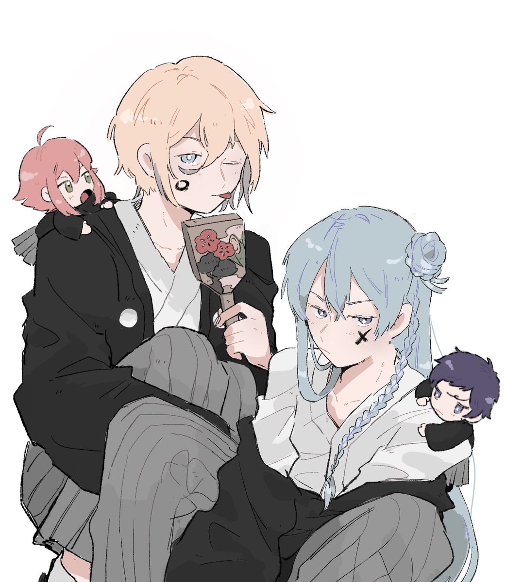 multiple boys blonde hair tongue out japanese clothes blue hair braid one eye closed  illustration images