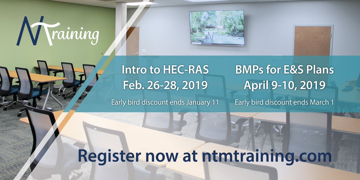 ntmeng's tweet photo. Our "Introduction to HEC-RAS" course will be held Feb. 26-28, 2019 at our Training Center. Register by Jan. 11 to take advantage of our early bird rate! 

Visit https://t.co/jrXnyyGmEZ for more information, including our next course, "BMPs for E&amp;S Control Plans"! #NTMtraining https://t.co/HCchoaKjhS