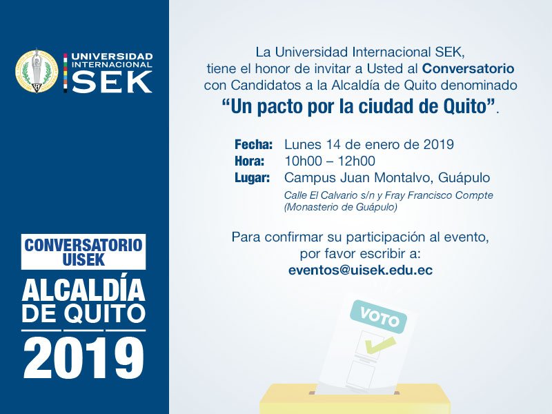 UISEK's tweet photo. La #UISEK te invita a participar del Conversatorio con Candidatos a la #AlcaldíaDeQuito denominado: "Un pacto por la ciudad de Quito".
>> ENTRADA LIBRE <<
Confirmar asistencia a: eventos@uisek.edu.ec
#UISEK #SERMEJORES #UnaUniversidadEuropeaEnEcuador #EventoSEK #PactoPorLaCiudad https://t.co/bq2F8xma1H