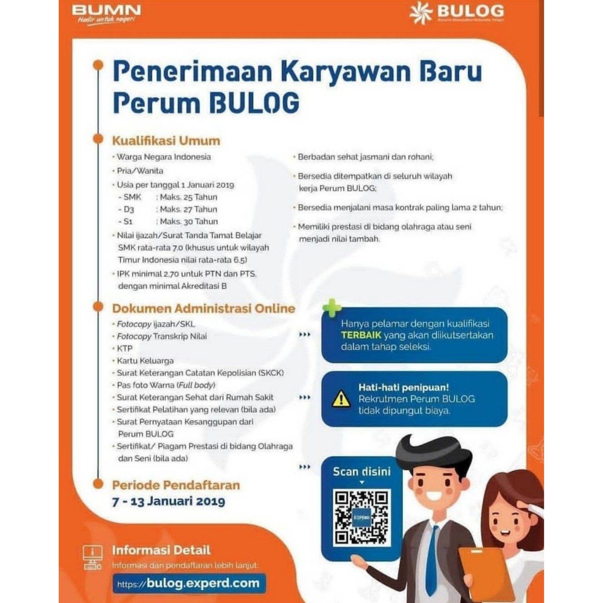 HMJAFEBUnsoed's tweet photo. [JOB INFO]

Halo teman-teman Akuntansi!
Ada informasi lowongan pekerjaan menarik nih dari BULOG. Bahwa mulai tanggal 7-13 Januari 2019, BULOG membuka lowongan pekerjaan dengan persyaratan umum sebagai berikut :
Persyaratan umum :
Warga Negara Indonesia.
Pria/Wanita. https://t.co/jp7lkUg9Xm