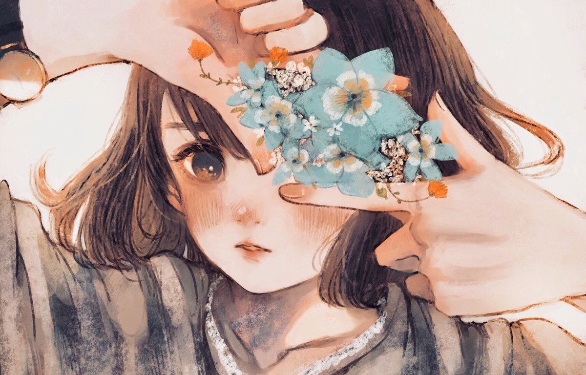 1girl solo flower blue flower brown hair looking at viewer brown eyes  illustration images