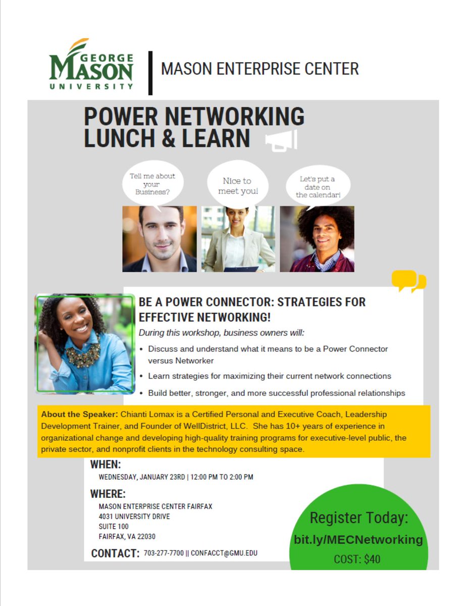 Have you reserved your seat for our January Lunch&Learn? Topic:  Power Networking Speaker:  @ChiantiLomax  ow.ly/wD7e30mZxiK #networking #professionalrelationships #networkingstrategies