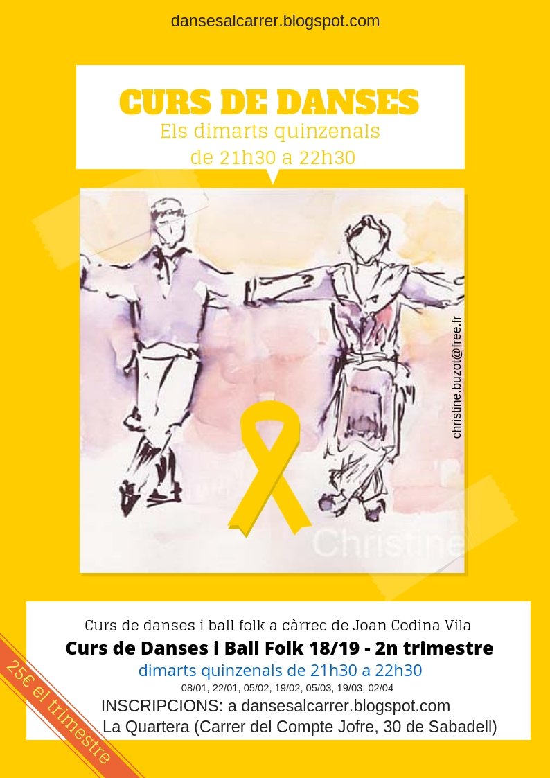 #Avui 8/1/19 comencem el 2n trimestre del #Curs #Danses i #BallFolk a #Sabadell.De 21h30 a 22h30. Més info a dansesalcarrer.blogspot.com Inscripcions a goo.gl/forms/4kiMWSD2… … …
<a href="/Aj_Sabadell/">Ajuntament Sabadell</a> <a href="/cancapablanca/">Can Capablanca</a> <a href="/Barraques_sbd/">Barraques Sabadell - CFPS</a> <a href="/EsbartSabadell/">Esbart Sbd Dansaire</a> <a href="/sbdcultura/">Sbd Cultura</a> <a href="/NacioSabadell/">NacióSabadell</a> <a href="/RadioSabadell/">RàdioSabadell</a>