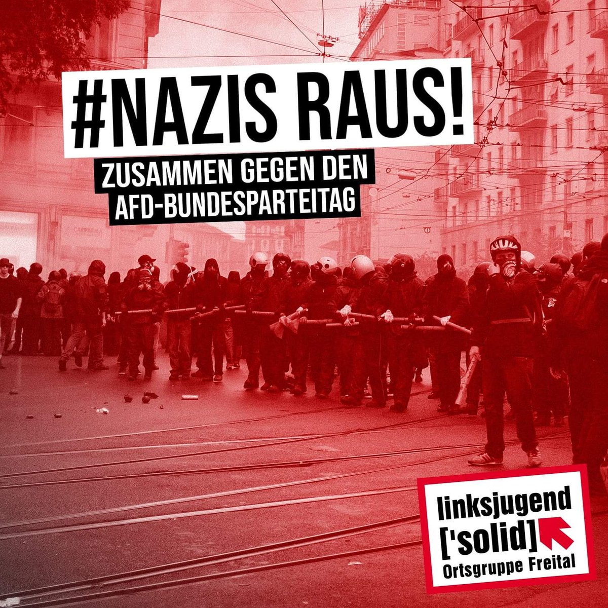 AfD? Adé!

Samstag, 13 Uhr Bahnhof #Riesa. Gegen den Bundesparteitag der #AfD zum Europawahlkampf.
Geschlossen gegen alte neue Nazis!
#NazisRaus auch Taten folgen lassen! #rie1201