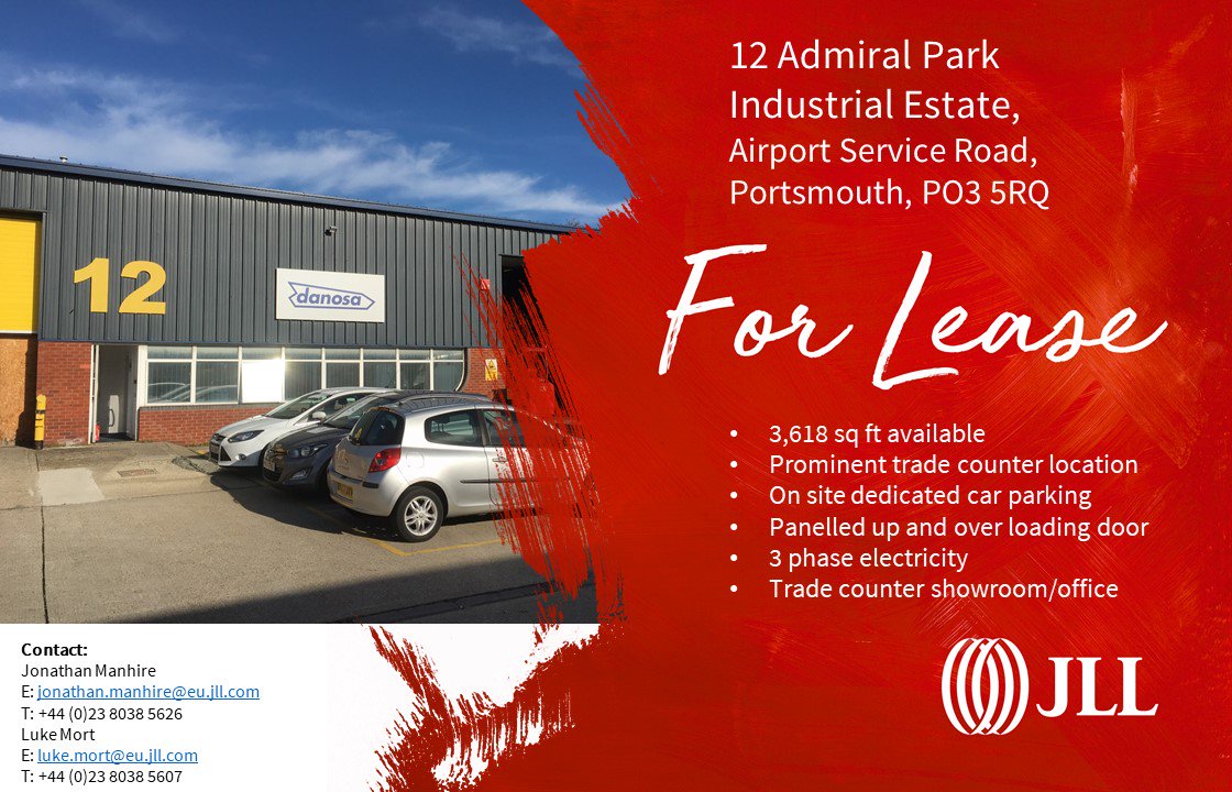 N_SFrancis's tweet photo. @JLL Southampton are pleased to present a good opportunity to secure 3,618 sq ft on a trade estate featuring Dulux, Screwfix and PTS in #Portsmouth. Please contact @jll_jmanhire and @JLL_swoodruff for further information.
#tradeestate #available #industrial #tolet https://t.co/qwuW9bjeI9