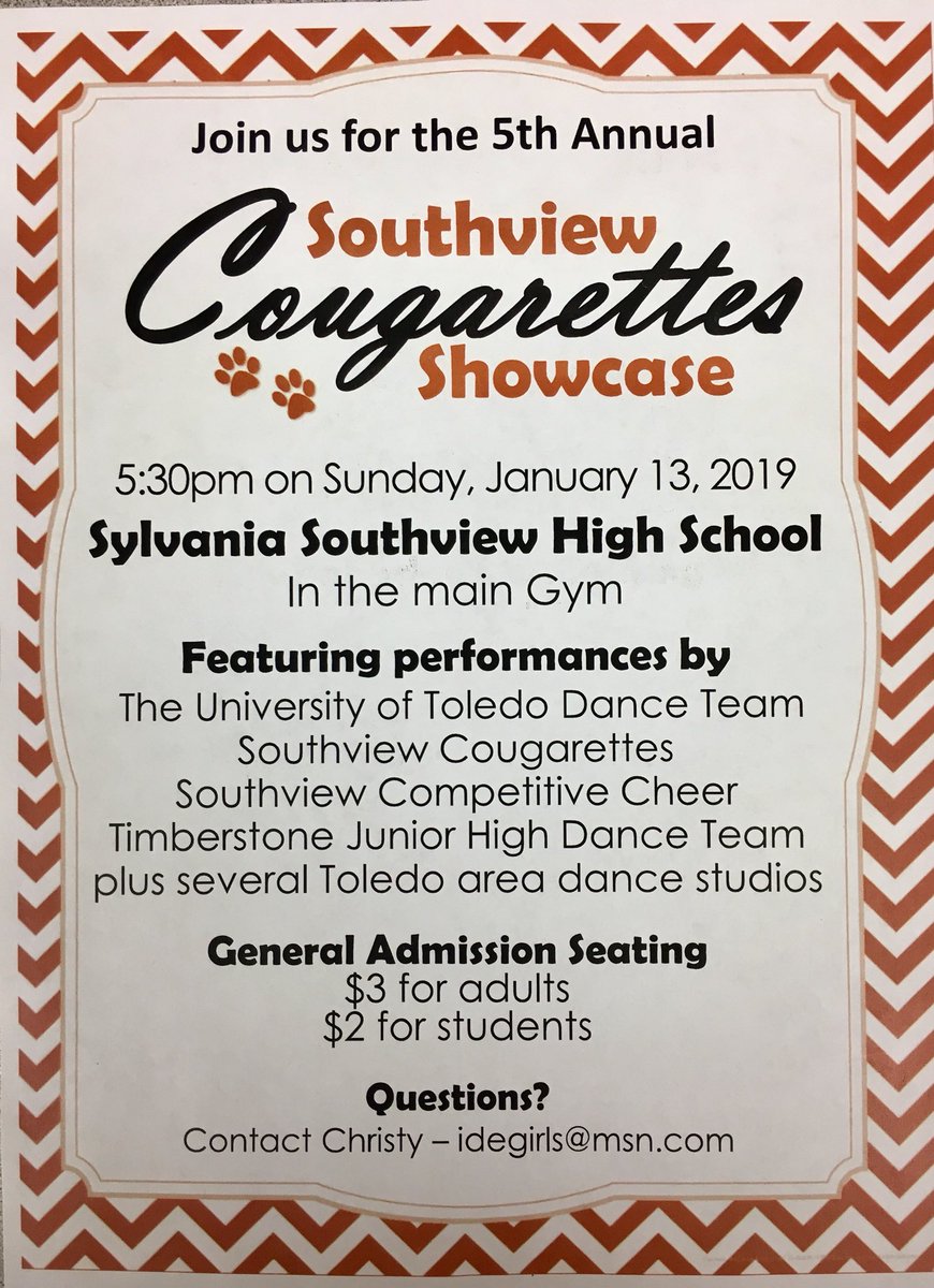 📣The 5th annual <a href="/SV_Cougarettes/">SVHS Cougarettes</a> Showcase is this Sunday at SV. Performances by the Cougarettes, the UT Dance Team, the Timberstone Dance Team, <a href="/SVHScheer/">Southview Cheer</a> , and several area studios. See you at the show‼️

<a href="/SylvaniaSchools/">Sylvania Schools</a>