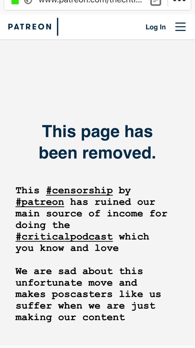 thecriticalpod's tweet photo. Our podcast been #CENSORED by #Patreon for doing the unfiltered and unbiased content that you love. This is a sad day for us here at #thecriticalpod. 🚫🚫🚫 #censorship #crowdfunding #thecriticalpod https://t.co/5S1y4KR98k