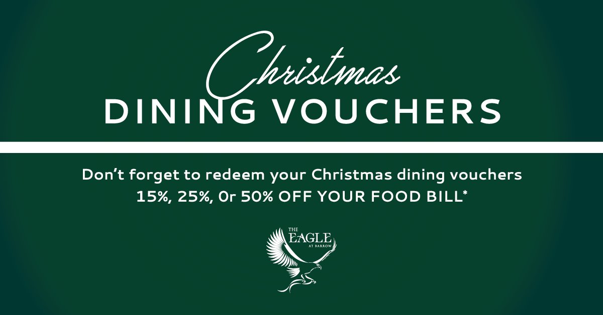 EagleatBarrow's tweet photo. If you dined with us in December make sure you redeem your Christmas vouchers in January and February.

A guaranteed minimum 15% off food with all vouchers https://t.co/0ZBDw2pogL