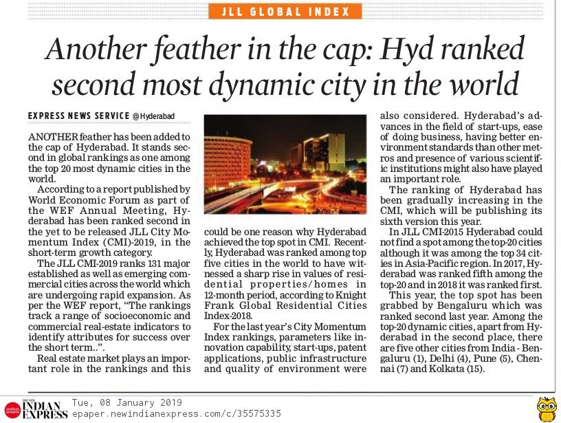 Delighted that our city Hyderabad has been rated as the 2nd most dynamic city in the world by JLL in their city momentum index 😊