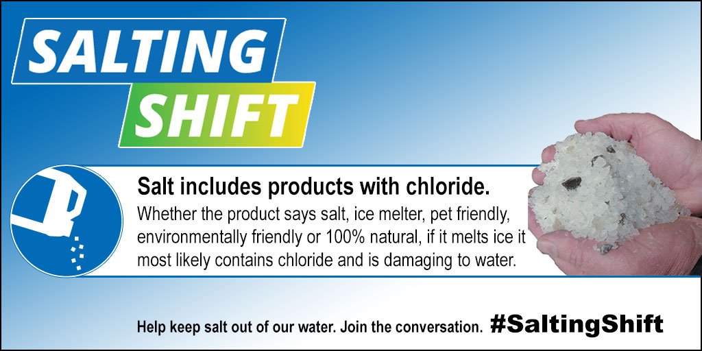 RegionWaterloo's tweet photo. #DYK any product with chloride can impact our water? Whether the product says salt, ice melter, 100% natural, pet or environmentally friendly, if it melts ice it most likely contains chloride & is damaging to water. https://t.co/llVcNWviXN #SaltingShift #LessSalty #smartaboutsalt https://t.co/dv0Wz2RYUM