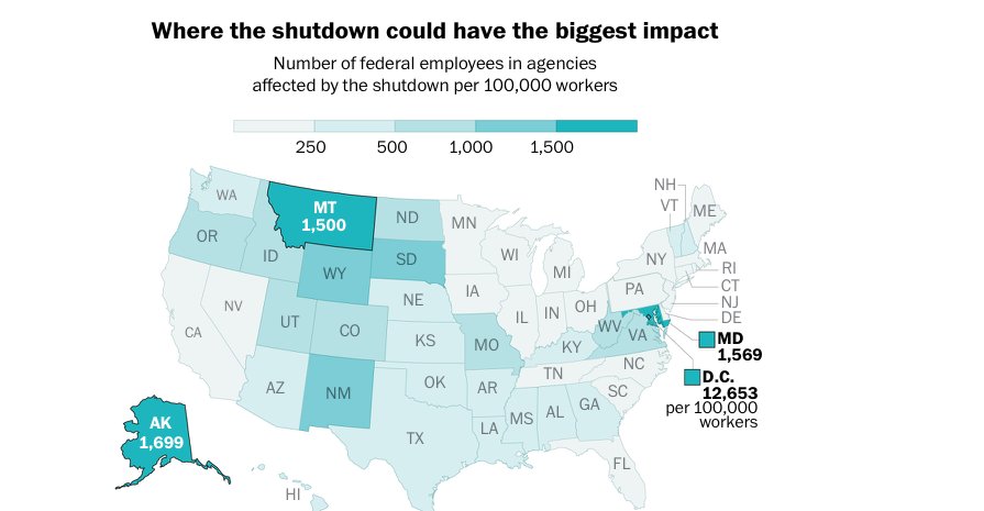 The Numbers by each State. While every state is impacted by the Government Shutdown. The numbers tell the story of the states suffering the most from the shutdown. DC and Maryland are significantly impacted. washingtonpost.com/graphics/2019/…