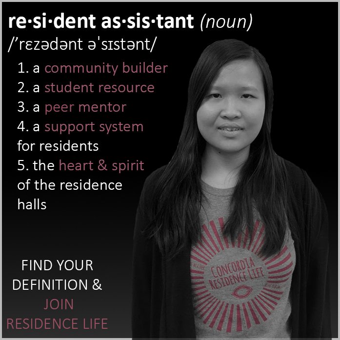 Welcome back, Cobbers! With some time before classes start, this is the perfect time to APPLY TO BE AN RA!

Applications for next year's staff are currently LIVE and can be found at tinyurl.com/cordMyHousing . Applications are due January 14th!