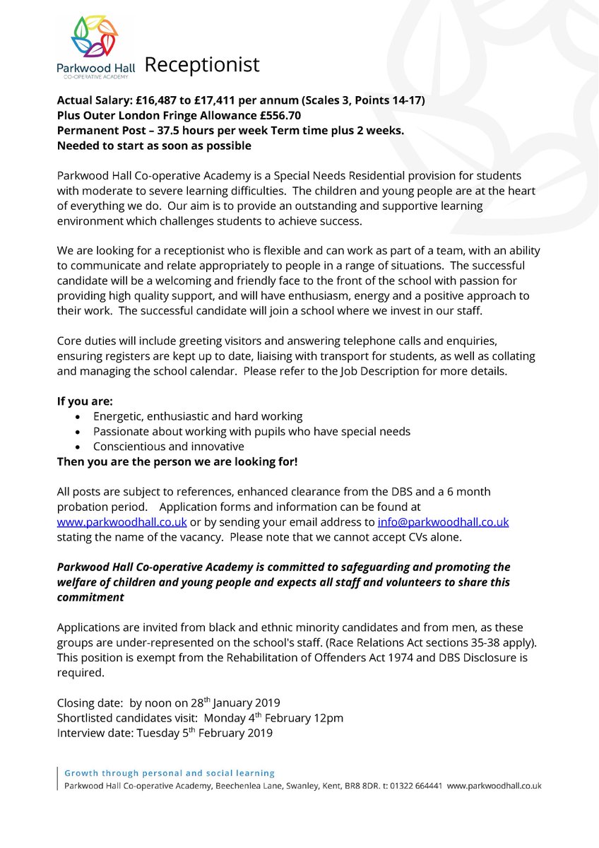 Vacancy - Receptionist - please see website for further details #swanley #jobsinkent #receptionist #SENschool #officejobs #vacancy #opportunity #career #colleges #swanleyjobs #dartfordjobs