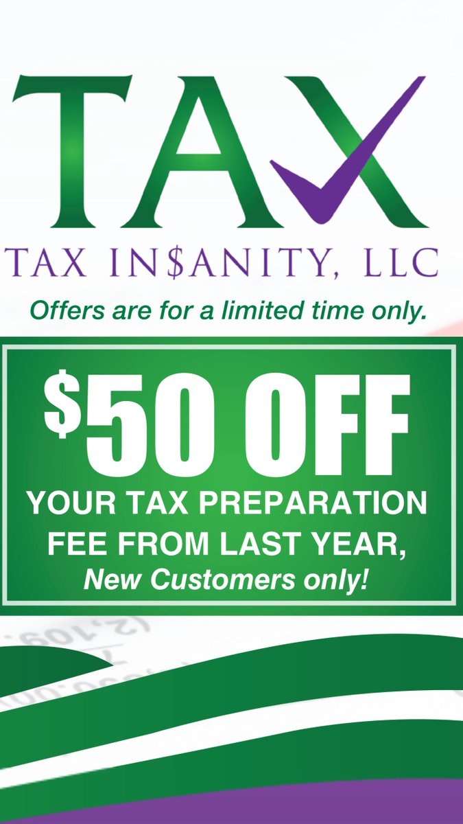 TaxInsanity's tweet photo. We have UPFRONT PRICING TOO, all new Tax Insanity, LLC customers will receive $50 off their tax preparation from last year from any of our competitors. Not only will we match the price, we will beat the price! https://t.co/5QMOkX461a