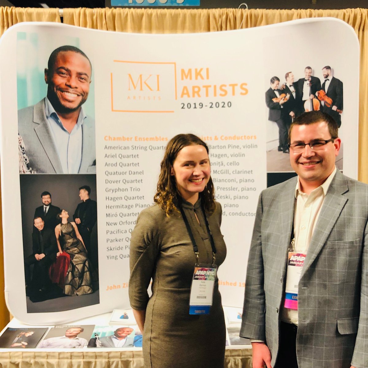 violinchannel's tweet photo. Kate and John from MKI Artists hard at work today at the APAP conference representing their artists - their roster including Rachel Barton Pine, Violinist and VC Young Artist William Hagen, the Pacifica Quartet and the VC Artists Dover Quartet #APAP2019 #APAP365 #IAmAPAP #APAPNYC https://t.co/d9oV4RQut8