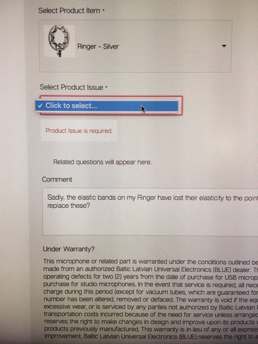 EngineerSamMaul's tweet photo. @BlueMicrophones I need support on a product and trying to submit a case, but when I click “Select Product Issue” there’s no options and it won’t let me submit my request. Can you help me? I just need elastic bands for my Ringer! 🙏🏻 https://t.co/8RAY93KV6A
