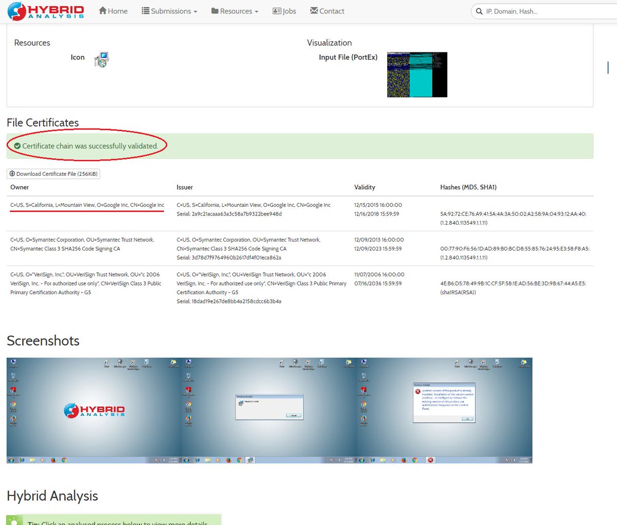 HybridAnalysis's tweet photo. [UPDATE] We added improved detection and extraction of OLE Compound File (e.g. MSI) overlays and certificate information. Here's a recent sample as showcased in @VirusTotal @markrussinovich security vuln disclosure: https://t.co/ELtUgLgc6T https://t.co/sH6gEjdDt9
