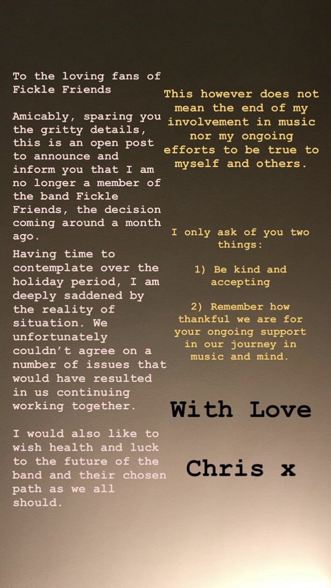 chris is no longer a part of fickle friends and will be deeply missed.