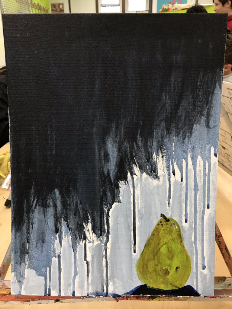 “Miserable Fruit” acrylic painting. 7th graders randomly select an object and mood. They need to think about object placement, color palette and paint application style to respond to their prompts. this seventh grader did an AMAZING job with all three!!
