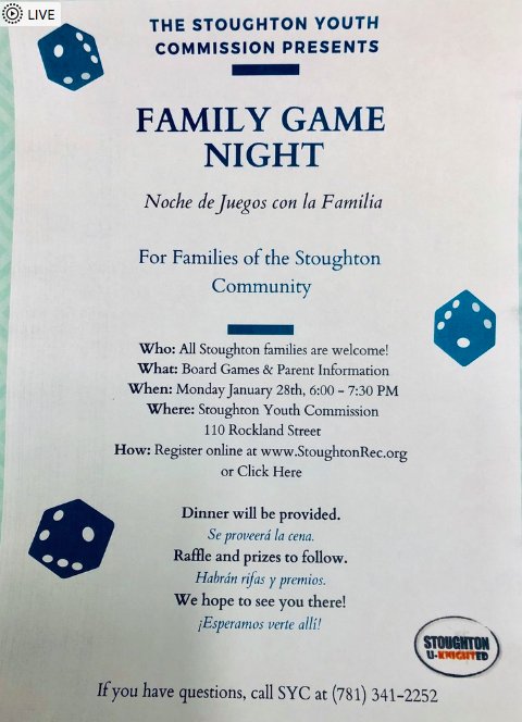 Join us for Family Game Night at the Youth Commission 1/28 <a href="/StoughtonPS/">Stoughton Schools</a>