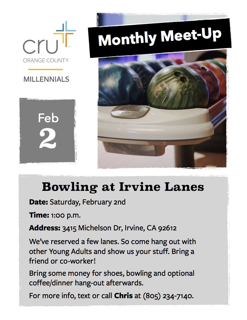 OCAmplified's tweet photo. OC Young Professionals: Join us for our next Monthly Meet-Up on 2/2…Bowling at Irvine Lanes. See attached flier for details. #Millennials #YoungAdults #CruAlumni #IVAlumni https://t.co/jOtNoCs0rR