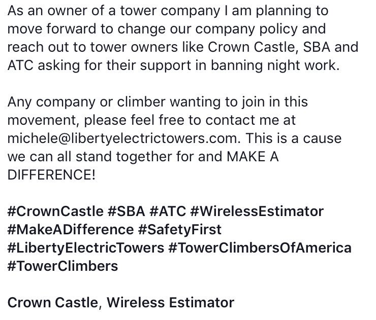 LibertyTowersUT's tweet photo. Contact me at michele@libertyelectrictowers.com This is a cause we can all stand together for and MAKE A DIFFERENCE!
#CrownCastle #SBA #ATC #WirelessEstimator #MakeADifference #SafetyFirst #LibertyElectricTowers #TowerClimbersOfAmerica #TowerClimbers https://t.co/qxfF04Vtev