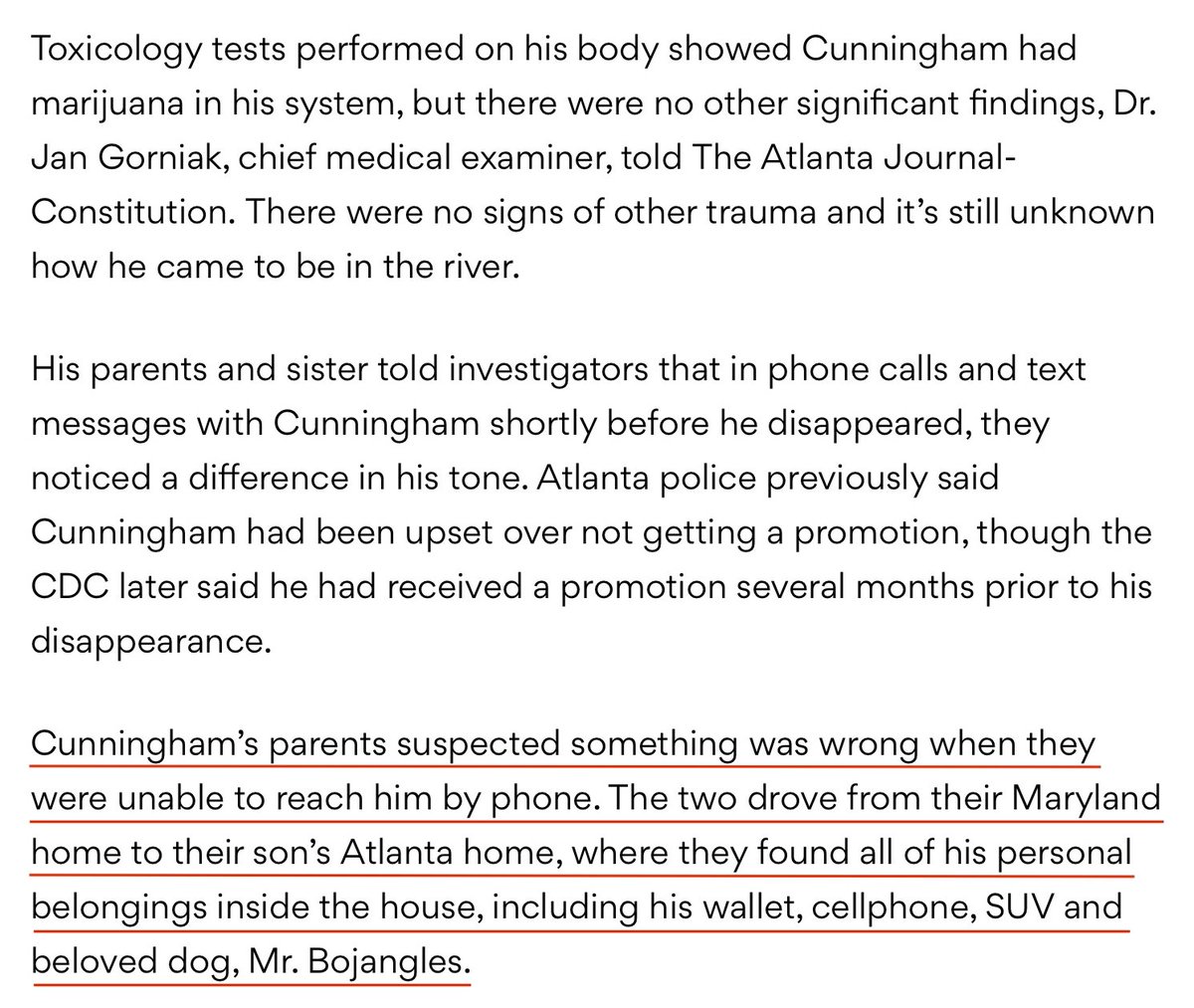 Timothy Cunningham's Parents Question Wether He Could Have Been Given Some Type Of DRUG That Changed His Behaviour In The Days Before His Disappearance. All Belongings Found At Atlanta Home, Wallet, Cellphone, SUV And Dog. https://www.ajc.com/news/breaking-news/breaking-cdc-researcher-death-ruled-suicide-drowning/gWYu2ijwNkORvOtg6pVz0M/ #QAnon  #VaccineDeepState  @potus