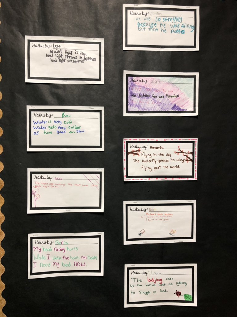 MrsSvienson's tweet photo. Every Monday we tackle a new writing challenge. This week we learned about Haiku’s and wrote our own! @WpgBeachSchool https://t.co/x8wIDgH85M