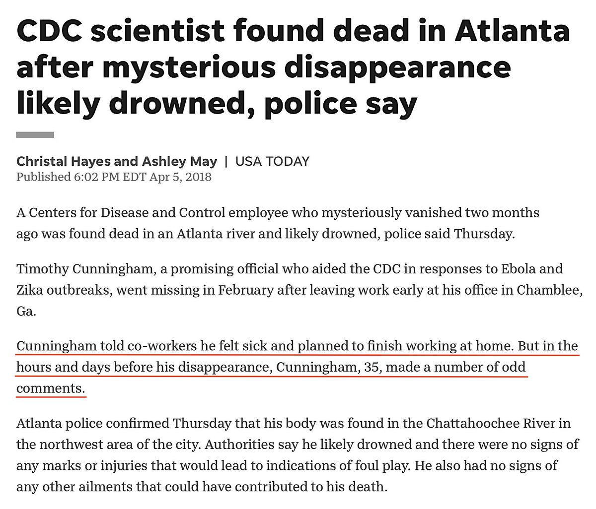 Timothy Cunningham's Body Was Found Partially Submerged In The Chattahoochee River In NorthWest Atlanta. The Fulton County Medical Examiner’s Office Identified The Body.April 5, 2018 https://eu.usatoday.com/story/news/2018/04/05/cdc-scientist-found-dead-atlanta-after-mysterious-disappearance-police-say/489845002/ #QAnon  #Vaccine  #VaccineDeepState  @potus