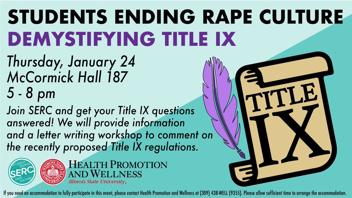 Redbird_Well's tweet photo. Join Students Ending Rape Culture (SERC) and @SWAT_GSpot on Thursday, January 24 from 5 to 8 p.m. to learn more about #TitleIX: https://t.co/uCS7m1ukhC #RedbirdRespect #YourRedbirdLife https://t.co/rdcMFjcJ3h