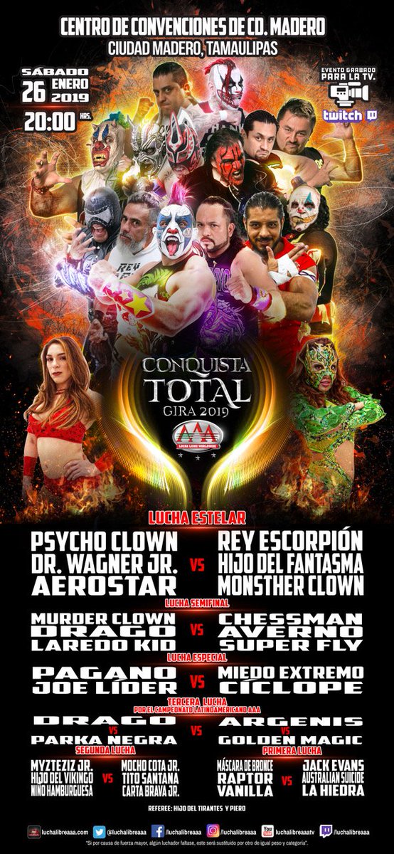 luchalibreaaa's tweet photo. Gira de #ConquistaTotalAAA de #LuchaLibreAAA desde CIUDAD MADERO 

🔥 EN VIVO por @TwitchES 🔥

26 de enero, Centro de Convenciones https://t.co/4DJNAM0x9l