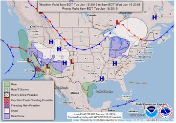 NWS Weather Prediction Center Weather Conditions graphic valid through 8am ET Wed, Jan 16, 2019.