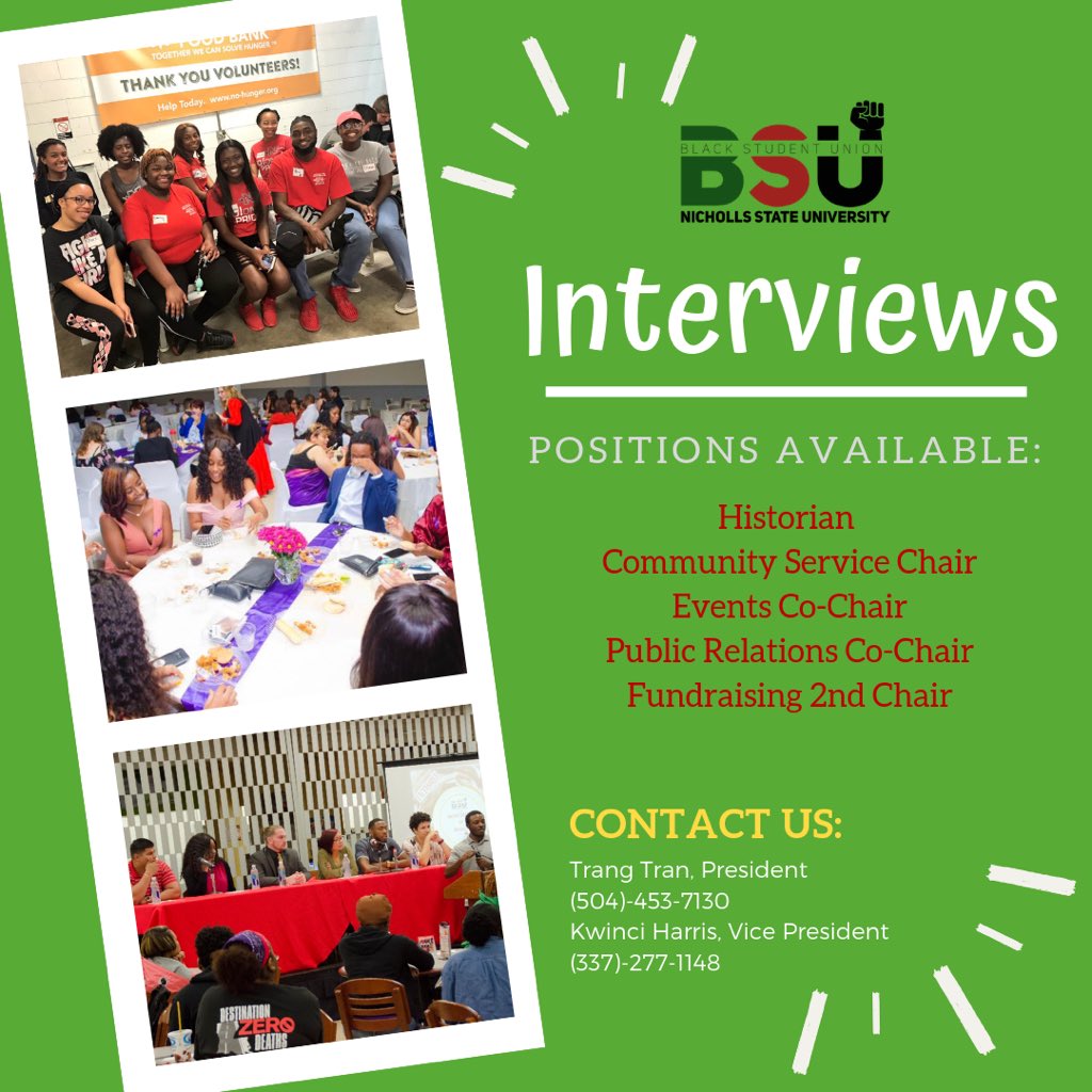 NichollsBSU's tweet photo. βBe the change you wish to see in the world.β
Or in this case, on campus!! #getNvolved Members must be of sophomore standing to officially hold a position. For any questions, please contact any E-board member. See you soon! https://t.co/PYgwMiTEwM