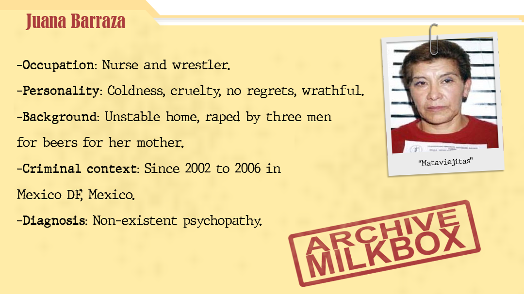 MilkboxInfo's tweet photo. #PsychologyOfCrime🤓🔪 | Juana Barraza, "the Mataviejitas"

She had a normal life but a trauma that haunted her since childhood and a tragic event that involved her son triggered an unstoppable violence:

Read more at: https://t.co/MnYB4BW56H https://t.co/ofkyNtCwsz