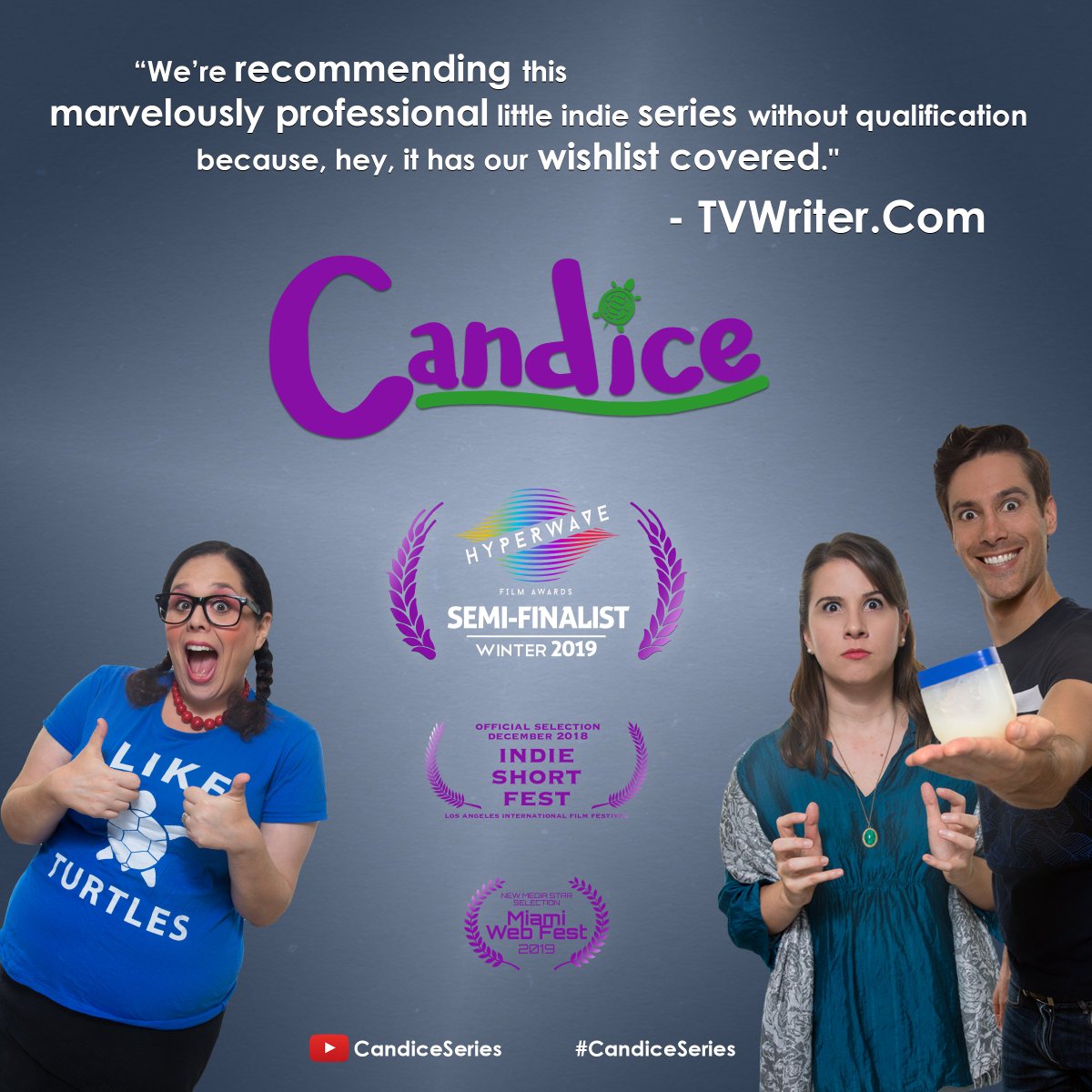We’re a semi-finalist in the Hyperwave Film Awards!  We love bright, colorful things here at Candice and this is our brightest, most colorful laurel yet. Thanks @HyperwaveAwards! 🥰 See what all the fuss is about at youtube.com/CandiceSeries 🐢🐢🐢