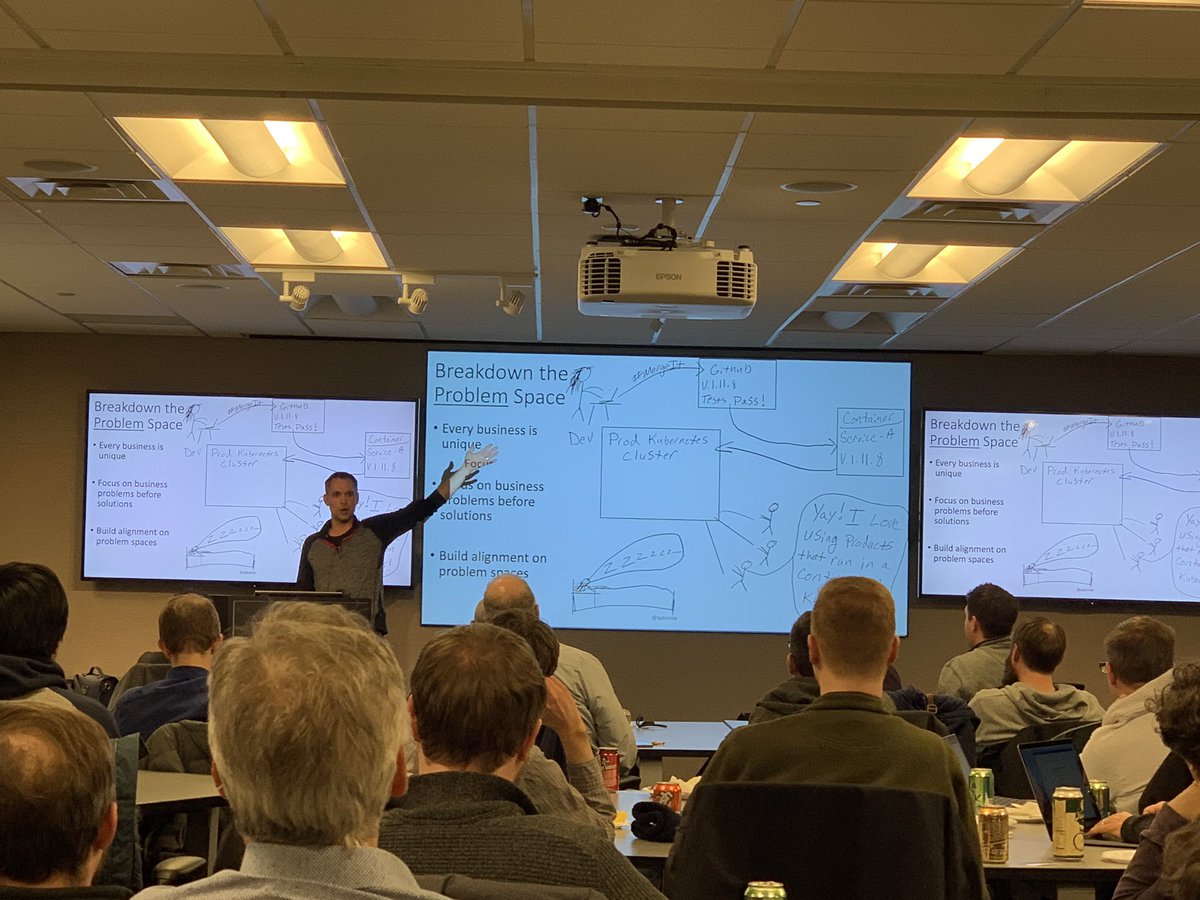 pattonamyj's tweet image. @ajdomie Breaking down the problem space in his #reliability talk - awesome drawing skills! #devopsmsp