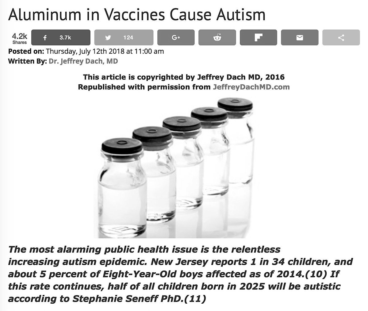 Studies Show When Aluminium Injected By Way Of Vaccine It's Taken Up By White Blood Cells And Transported To The Brain. This Can Cause Inflammation, Provoke Immune System Response, Damage And Possibly Impair Development. http://www.greenmedinfo.com/blog/aluminum-vaccines-cause-autism #QAnon  #Vaccine  #Autism  @potus