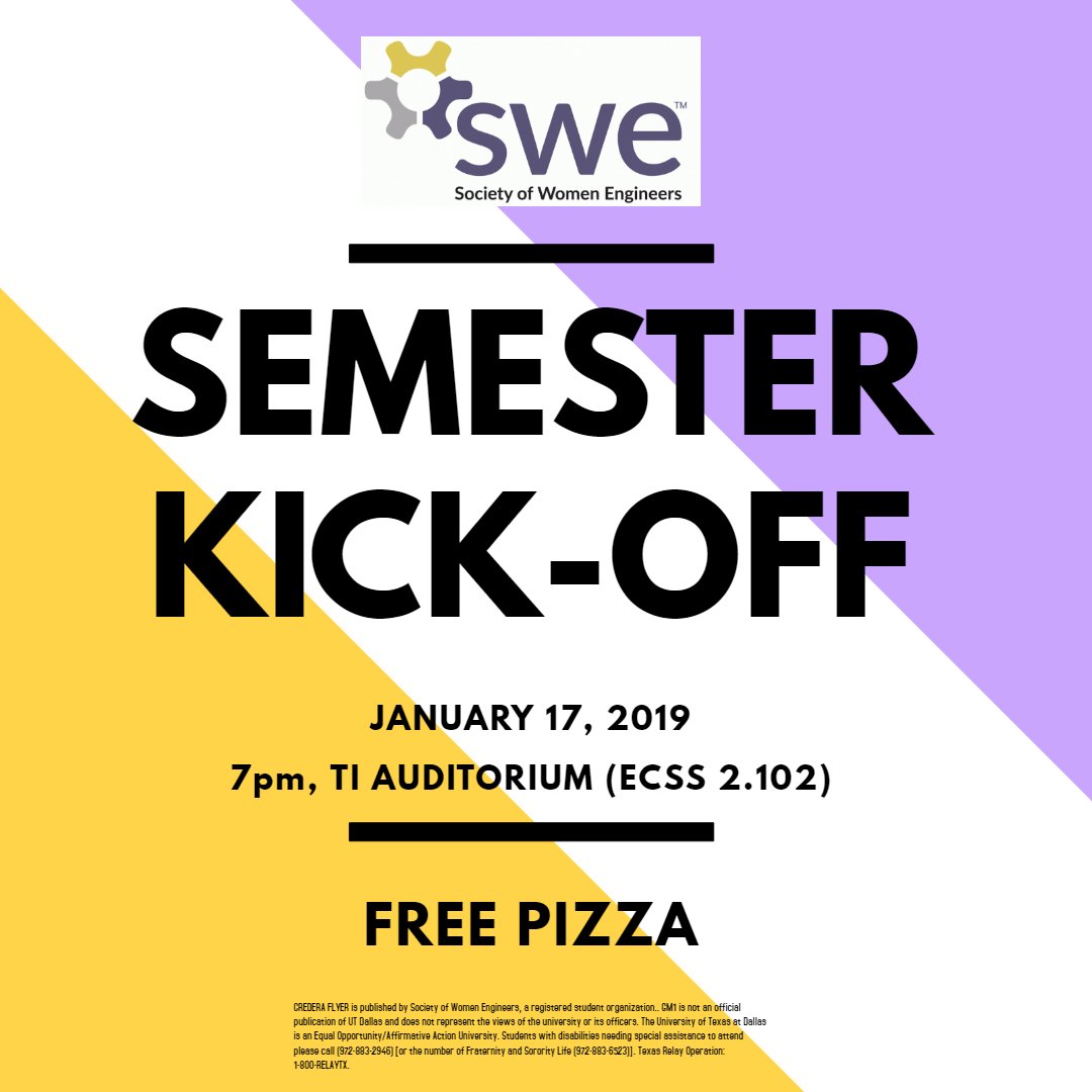 Join us for our Spring Semester Kickoff Meeting this Thursday, January 17th, at 7pm in the TI Auditorium. Free pizza!! #sweutd #freepizza
