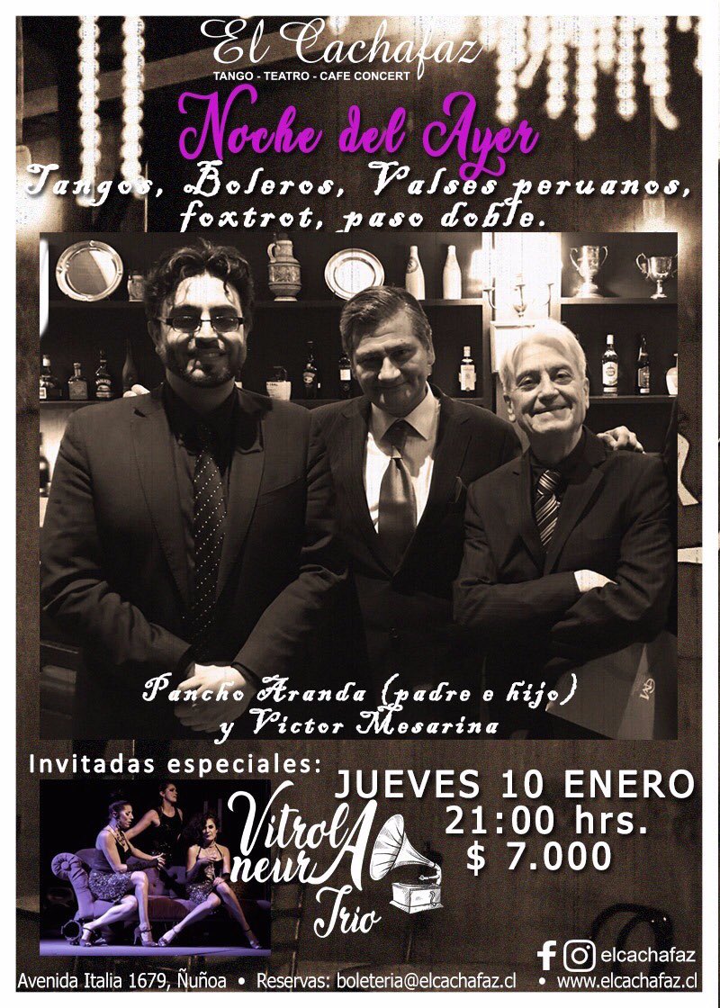 MesarinaVictor's tweet photo. Nuevamente, a pedido del público, este jueves 10 de enero vuelve el espectáculo “Noche del Ayer” en el Teatro Café Concert El Cachafaz con la dirección musical del gran maestro Pancho Aranda, dedicado a todos los que disfrutan la música del recuerdo. Reservas en Atrapalo https://t.co/GAdfajBVJM