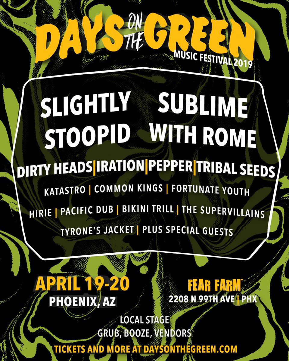TyronesJacket's tweet photo. Tickets are on sale now for @daysonthegreen 4/19 and 4/20! Tag a friend to roll with. See you there! #tyronesjacket #slightlystoopid #sublimewithrome #dirtyheads #iration #pepper #tribalseeds https://t.co/omlEny2gIG