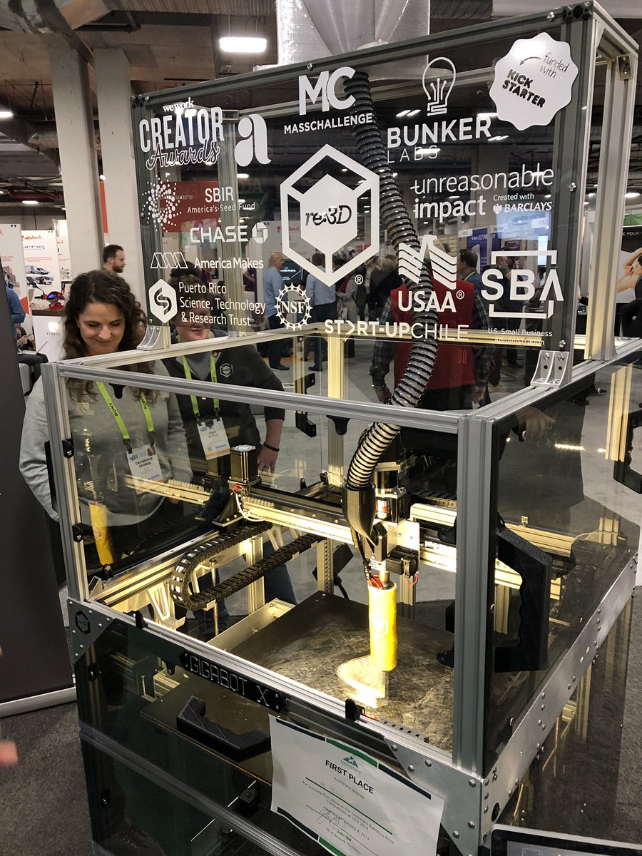 modelguy's tweet image. Gigabot at CES. Using recycled materials for 3D printing. Environmentally conscious 3D printing.  @CBTarchitects @CES