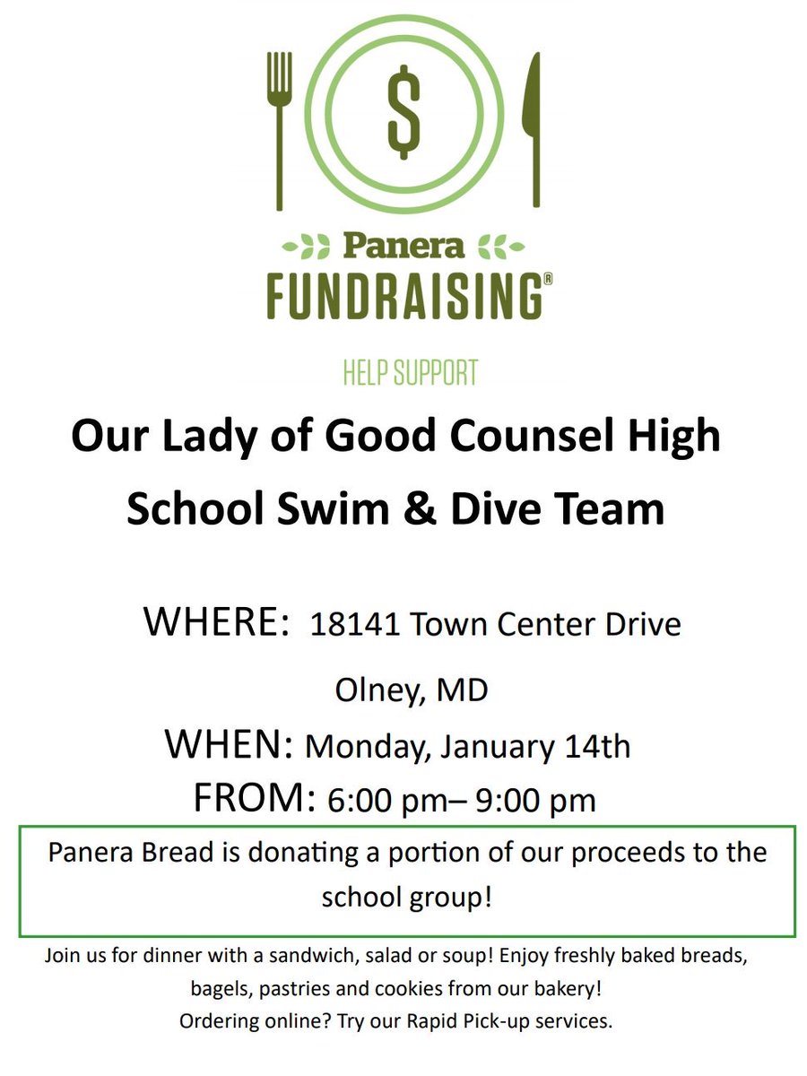 Monday, January 14th, 6pm-9pm. Please come out to PANERA Bread in Olney and support GC Swim &amp; Dive!! Good for dine in &amp; online orders.