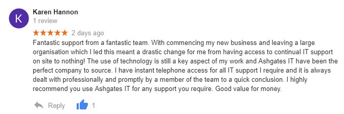 Great review from one of our newest clients! It's been a great start to a hopefully long-lasting working relationship. Thanks for the very kind words! #FantasticSupport #Professional #FiveStar #ITServices #Derby