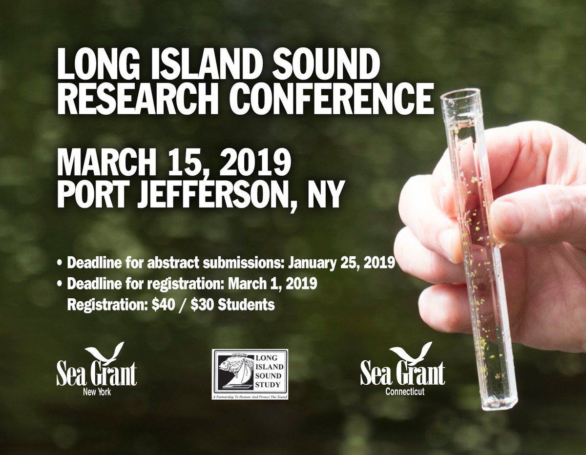 nyseagrant's tweet image. Register and submit abstracts for the #LongIslandSound Research Conference, to be held at @Danfords, Port Jefferson, NY on Friday, March 15, 2019 from 8 am - 5 pm; @LISStudy, @CTSeaGrant: goo.gl/j73TFa, goo.gl/F3WTGZ