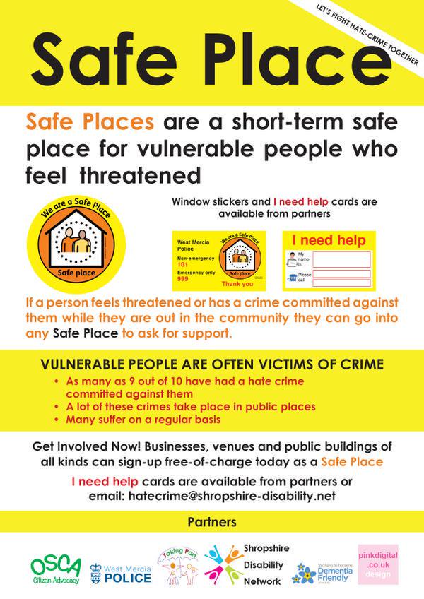 SafePlaceShrops's tweet photo. Safe Places are a short term Safe havens for anyone who feels #vulnerable or threatened when out  https://t.co/LaRmLeomtJ … … … …If you know what the Safe Place logo looks like it may help you or you may be able to tell others about it. @ShrewsburyCops @ShropDisNetwork https://t.co/zXGobdItSC