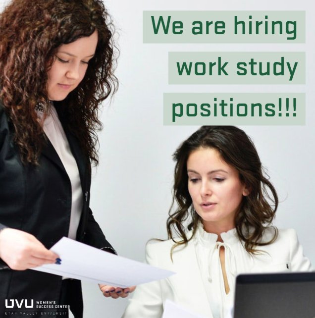 UVUWSC's tweet image. Are you work study eligible and looking for a fantastic, on-campus job? The Women's Success Center is hiring! If you qualify for work study, follow the link below to apply. 

uvu.jobs/postings/10212