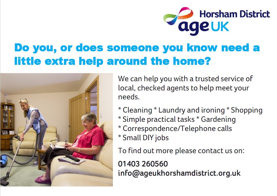 Does your Mum, Dad, Nan, Grandad, Aunt, Uncle, friend or neighbour need a little bit of extra help around the home?  Our Help at Home service can help with cleaning, laundry, shopping, correspondence, gardening &amp; small DIY jobs. Call us on 01403 260560 to find out more.