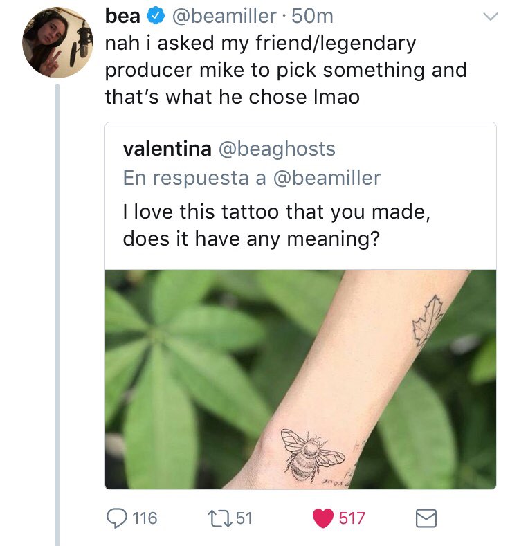 tattoo #23 se lo hizo el 2.11.18 en la muñeca derecha y el 11.11.18 dijo que le pidió a su amigo/productor mike que elija un tatuaje para ella. bea dijo que no tiene significado pero de todas formas, sus fans, familia, amigos y hasta ella misma, la llaman “bee” (abeja en inglés).